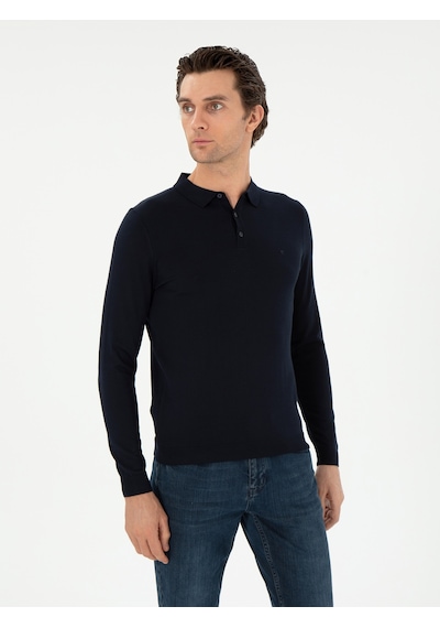 Cacharel Lacivert Slim Fit Yün Karışımlı Polo Yaka Basic Triko Kazak
