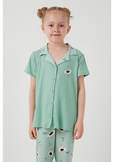 Lela Baskılı Beli Lastikli Gömlek Yaka Kısa Kollu Kız Çocuk Pijama Takımı 6576001 Mint