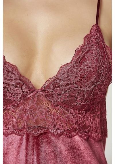 Pierre Cardin 845 Kadın İp Askılı Kadife Saten Gecelik-bordo Bordo