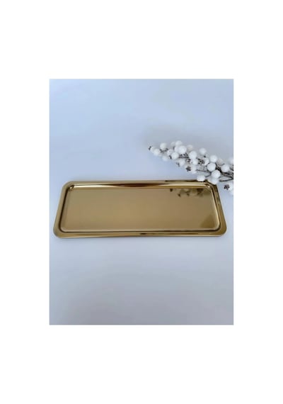 2 Adet Gold Dar Dikdörtgen Metal Sunum Tepsisi 33x13 Cm Düz Çay Kahve Tatlı Servis Tepsisi Seti Altın