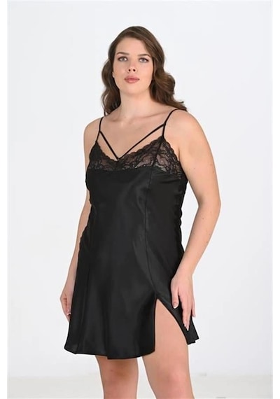 Aria's Closet Arias Closet Premium Büyük Beden Saten Dantel İşlemeli Siyah Gecelik Bigsize Siyah