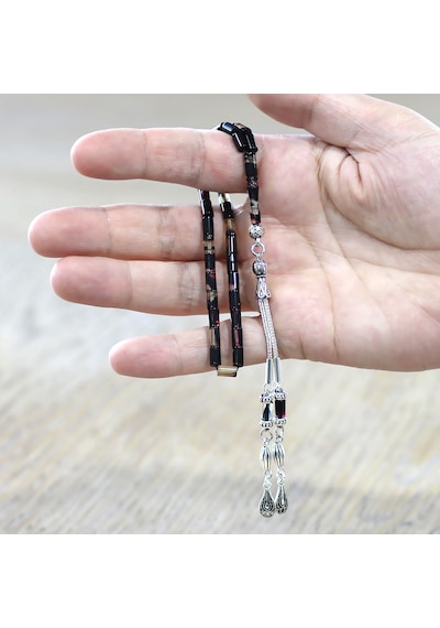 Tesbihane 2li Kamçı Püsküllü Kesme Kesim Bilek Boy Beyaz-siyah Ateş Kehribar Tesbih