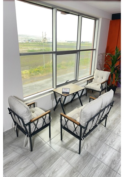 Miray 211 Masalı Krem Fermuarlı Bahçe Balkon Takımı, Salon, Teras- Berjer Düğmeli Metal Çay Seti Krem