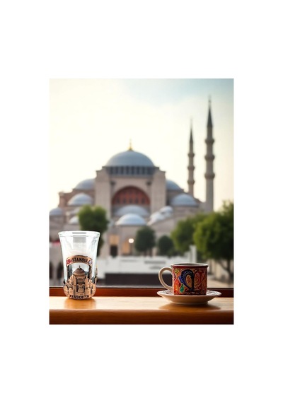İstanbul Temalı Dekoratif Cam Kahve Yanı Bardak Ayasofya, Galata Ve Kız Kulesi Figürlü