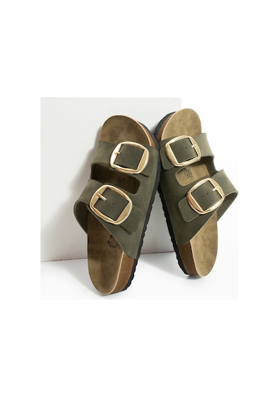 Polomia Comfort Lenora Anatomik Esnek Comfort Rahat Eva Taban Çift Bantlı Gold Toka Kadın Günlük Sandalet Terlik Haki