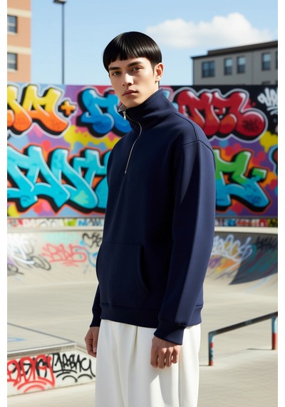 Benerly Erkek Fermuarlı Dik Yaka Düşük Kol Nakışlı Sweatshirt Fonksiyonel Lacivert