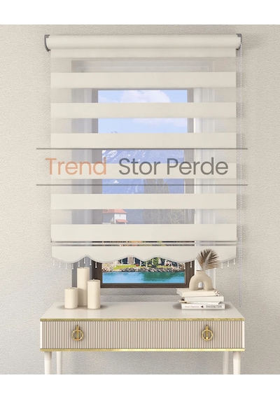 Beyaz Boncuklu Zebra Stor Güneşlik Perde Opak Beyaz