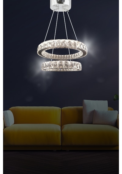 ZİLLA 2'Lİ MODERN SARKIT KRİSTAL TAŞLI LED AVİZE - 3 RENK KUMANDALI - ( Beyaz - Sarı - Gün Işığı )