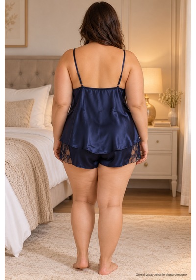 İçtemoda Tül Detaylı İp Askılı Şortlu Büyük Beden Saten Pijama Takımı 1052 Lacivert
