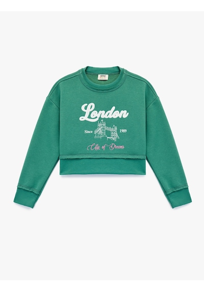 Koton Şardonlu Uzun Kollu Bisiklet Yaka Baskılı Sweatshirt Yeşil 6wkg10178ak Yeşil