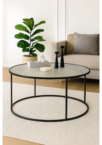 Berlin Nervürlü Camlı Siyah 80cm - Metal Çerçeveli Cam Yuvarlak Orta Sehpa - Modern Ve Şık Tasarım Siyah Berlin Nervürlü Camlı Siyah 80cm - Metal Çerçeveli Cam Yuvarlak Orta Sehpa - Modern Ve Şık Tasarım Siyah