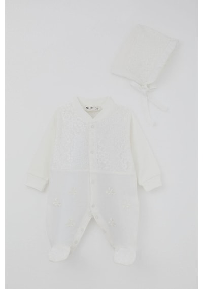 Breeze Kız Bebek Patikli Tulum Dantel Detaylı Çiçek Nakışlı 0-6 Ay, Ekru Ekru