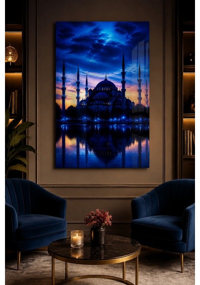Sultanahmet Camii Baskılı Cam Tablo Mavi Akşam Uv Baskı Duvar Dekoru