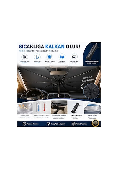 Universal Araç Ön Cam Güneşliği Şemsiye Tipi Katlanabilir Güneş Koruyucu Isı Azaltıcı, Uv Korumalı, Kolay Kurulumlu Oto Güneşlik 132x76 Cm