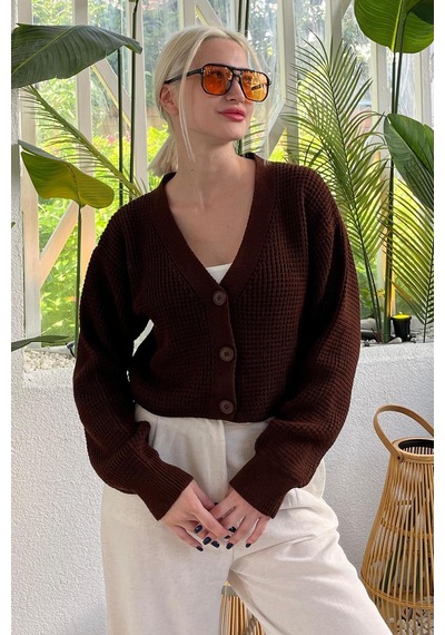 Madmext Kahverengi Uzun Kollu Düğmeli Crop Hırka Mg2198 Kahverengi