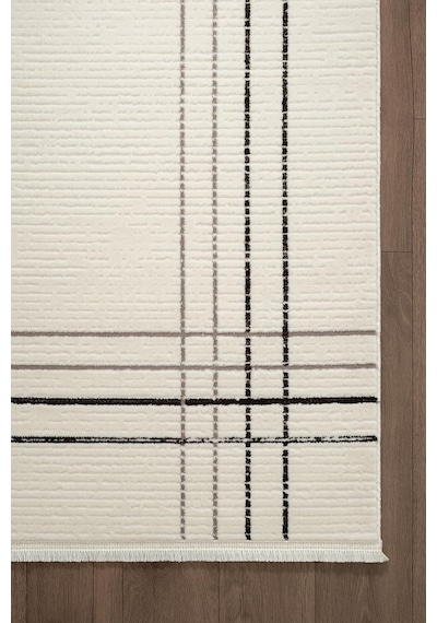 Look Black Lb006w Krem Halı Siyah Dekoratif Çizgili Modern Desen Akrilik Yumuşak Tozuaz Salon Halısı-897 Krem