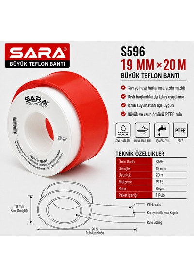 Sara S596 Büyük Teflon Bant 19 Mm X 20 M, Ptfe, Beyaz, 10 Lu Paket