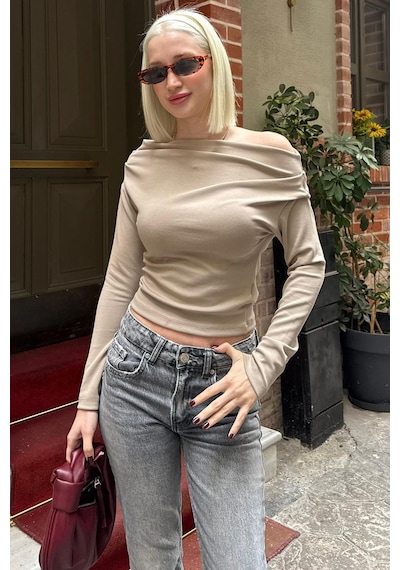 Madmext Bej Kadın Off Shoulder Uzun Kollu Bluz Mg2567 Bej