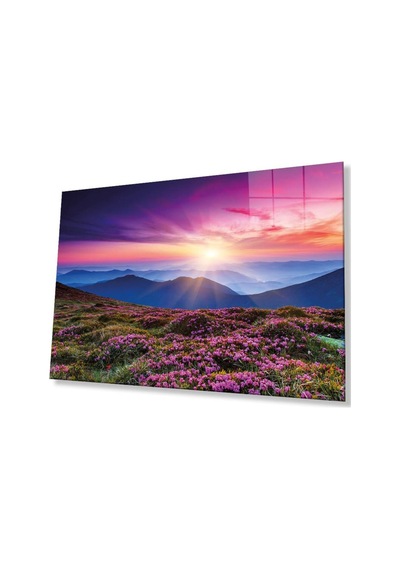 Dağ Manzara Pembe Cam Tablo 4mm Dayanıklı Temperli Cam Mountain Landscape Green Glass Wall Art