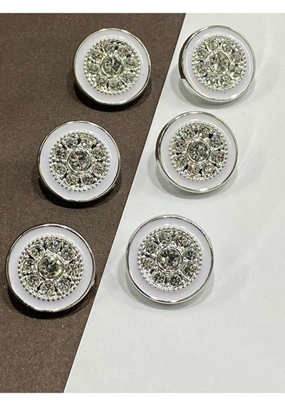Taşlı Düğme /beyaz Mineli Gümüş Metalize / 6 Lı Set / 2,5 Cm