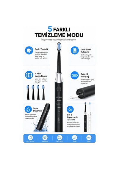 Robeve Auhma Amf13 Elektrikli Diş Fırçası 15.000 Vpm Sonic Titreşim 5 Temizlik Modu 4 Yedek Fırça Başlığı Type-c Şarj Ipx7 Suya Dayanıklı Şarjlı Diş Fırçası Siyah