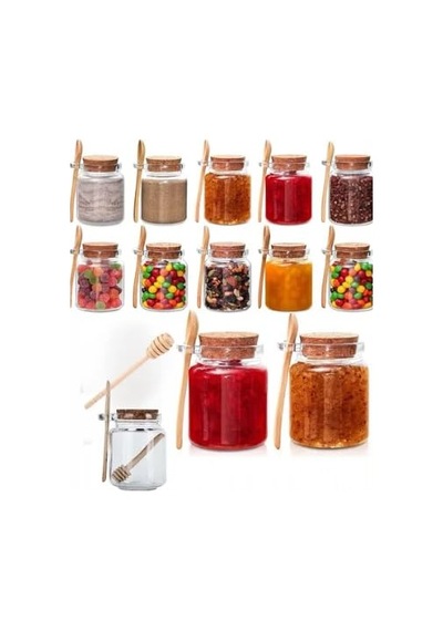 Cam Kavanoz Seti, 350 Ml, Mantar Kapaklı, Bal Kaşığı İle, Mutfak Saklama Kabı 6 Sku: Smg8690010225238 Açık Gri