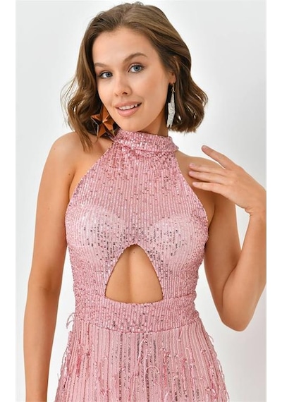 Dip Moda Kadın Mini Pul Payet Saçaklı Abiye Elbise Nbswll05 Pudra