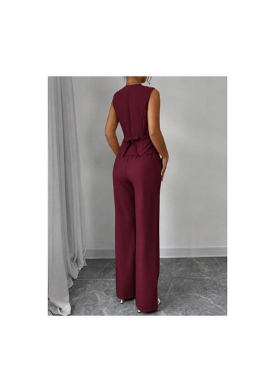 Butik İstanbul Kadın Askılı Önden Düğmeli Bluz Ve Pantolon Keten Ikili Takım Bordo