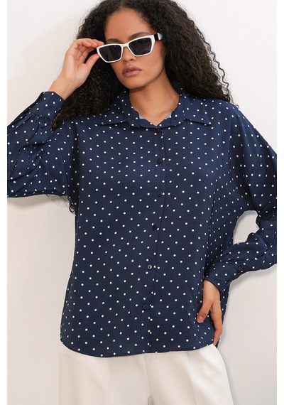 Bigdart Kadın Oversize Puantiyeli Gömlek 20392 - Lacivert Lacıvert
