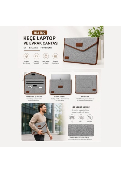 Buffer 15.6 İnç Gri Cırt Cırtlı Keçe Laptop Ve Evrak Çantası, Notebook Bilgisayar Ve Dosya Taşıma Çantası