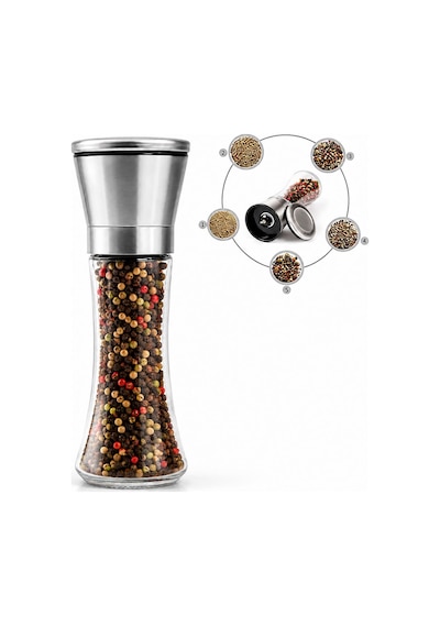 Seramik Öğütücülü 5 Kademeli Tuz Ve Karabiber Değirmeni 200 Ml Şeffaf Cam Hazne 18 Cm 2'li Set Renksiz/şeffaf