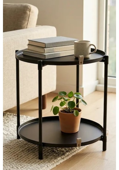 Çift Tepsili Katlanır Orta Yan Yuvarlak Sehpa Metal Ayak - Modern Sehpa 50cm 44 Cm Tepsi Deri Kulplu Mat Siyah