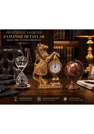 Lüks Prestij Masa Dekorasyon Seti Gold At Figürlü Masa Saati Metal Kum Saat Metal Bronz Dünya Küresi