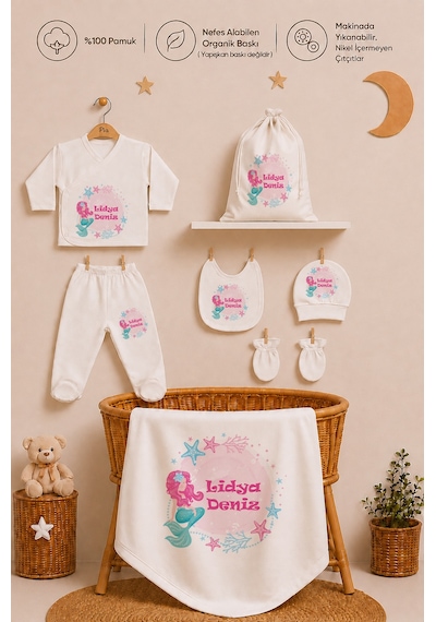 Pia Baby Kişiye Özel %100 Pamuk Kız Bebek Hastane Çıkışı Zıbın Seti 8 Parça Kese Hediyeli 2073zybkyx Krem