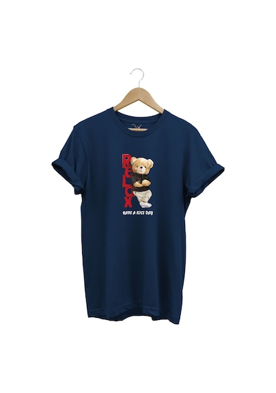 Sevimli Ayıcık Relax Ayı Tasarım Şık Baskılı %100 Pamuk Regular Fit Bisiklet Yaka Lacivert T-shirt Lacivert