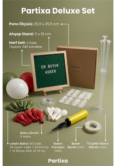 Asker Uğurlama Süsleme Deluxe Set Koyu Yeşil Keçe Yazı Panosu Standlı Balon Zincirli 7li Şeffaf Balon Standlı En Büyük Asker Seti Tüm Yaşlar