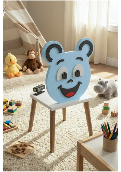 Reyo Falez Happy Face Çocuk Sandalyesi, Ahşap Ayaklı, Sevimli Figürlü Mavi