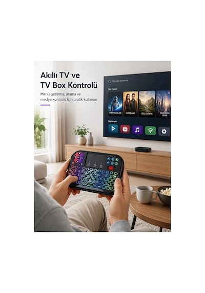 Rgb Işıklı Mini Kablosuz Klavye Touchpad Combo, Bluetooth Ve 2.4g Smart Tv Kumandası Çok Renkli