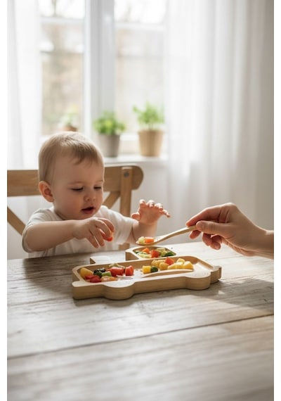 Tren Figürlü Bambu Bebek Mama Seti Bölmeli Tabak + Kaşık Çatal Seti Bej