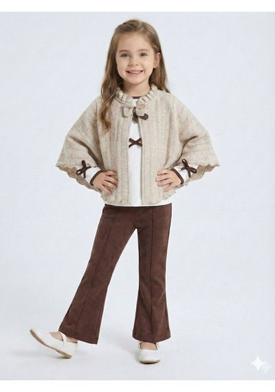 Xo Kids Pelerin Detaylı Kız Çocuk 3lü Alt Üst Takım 4-10 Yaş 4406 Ekru