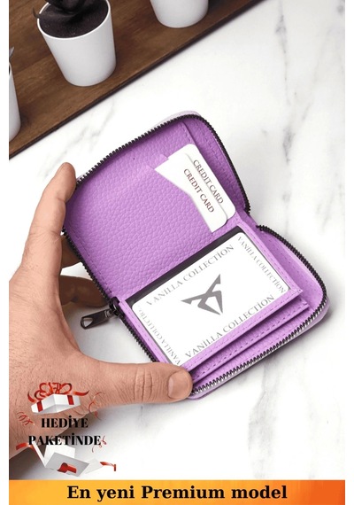 Vanilla Collection Unisex Vegan Deri Fermuarlı Lila Cüzdan Kartlık Ve Portföy Hediye Paketinde Siyah