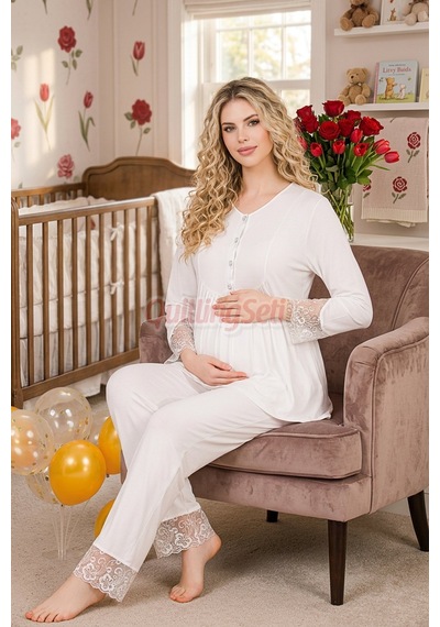 Lady Dantel Detaylı 33204 Uzun Kol, 2 Parça Lohusa Hamile Pijama Takımı Ekru