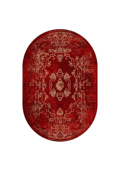 Vintage Desenli Yıkanabilir Pamuk Taban Dekoratif Oval Halı Kırmızı