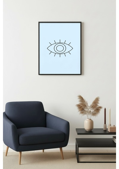 Doğal Ahşap Çerçeveli Soyut Göz Line Art Tablo - Minimalist Siyah Beyaz Huhu2654