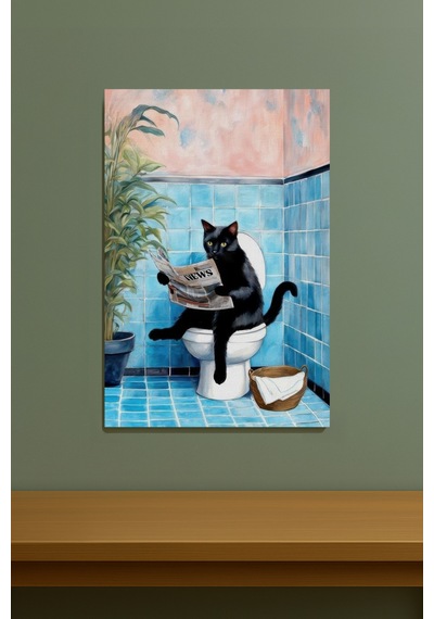 Modern Sanat Gazete Okuyan Kedi Tasarımlı Komik Banyo Duvar Kanvas Tablo Kanvas Çok Renkli