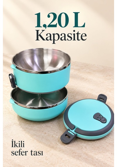 Kilitli Kapak Ve Taşıma Saplı İki Katlı Beslenme Kabı Turkuaz