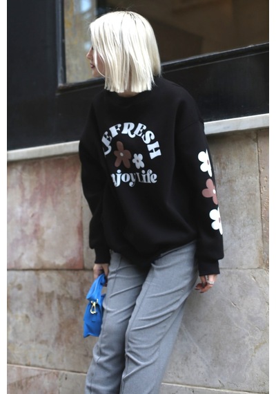 Siyah Bisiklet Yaka Baskılı Sweatshirt Mg1572