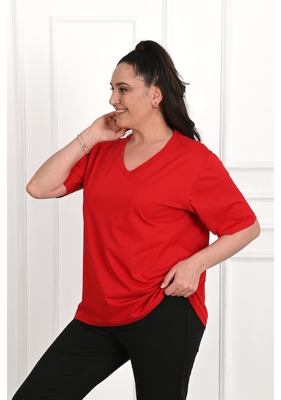 Kadın V Yaka Basic Büyük Beden T-shirt 1297-22 001