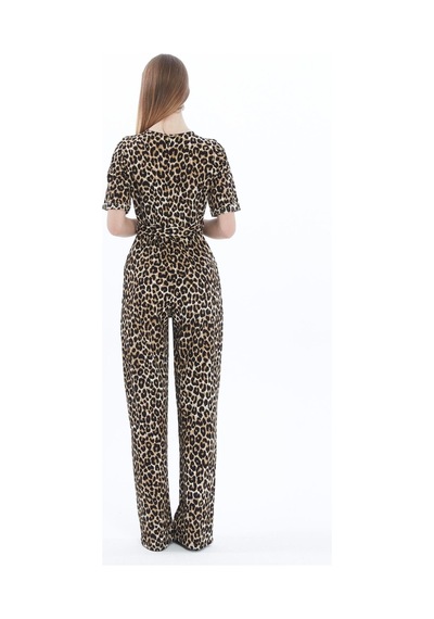 Kadın Krep Beli Kemerli Ve Fermuarlı Tulum-leopar Leopar
