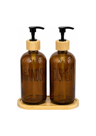 Relly Bambu Standlı İkili Cam Sabunluk Seti 2 X 500 Ml Hands & Dıshes Amber